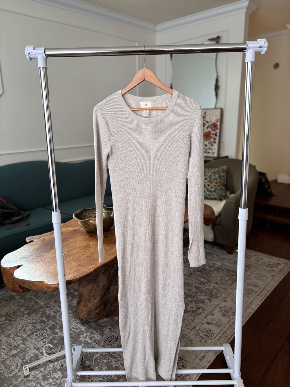 Zara Long Sleeve Ribbed Maxi Dress - Light Beige
